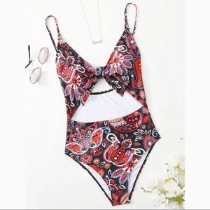 Floral Print Graphic Knot Front One Piece Swimsuit from Shein